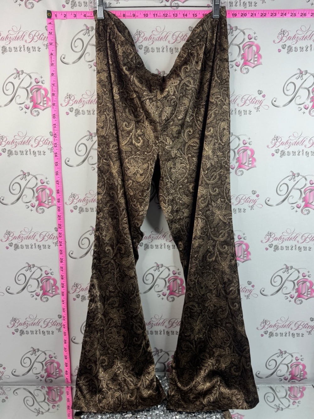 Reitmans pants flare leg flowy gold shiny Brown Paisley-Print Wide Leg Pants
